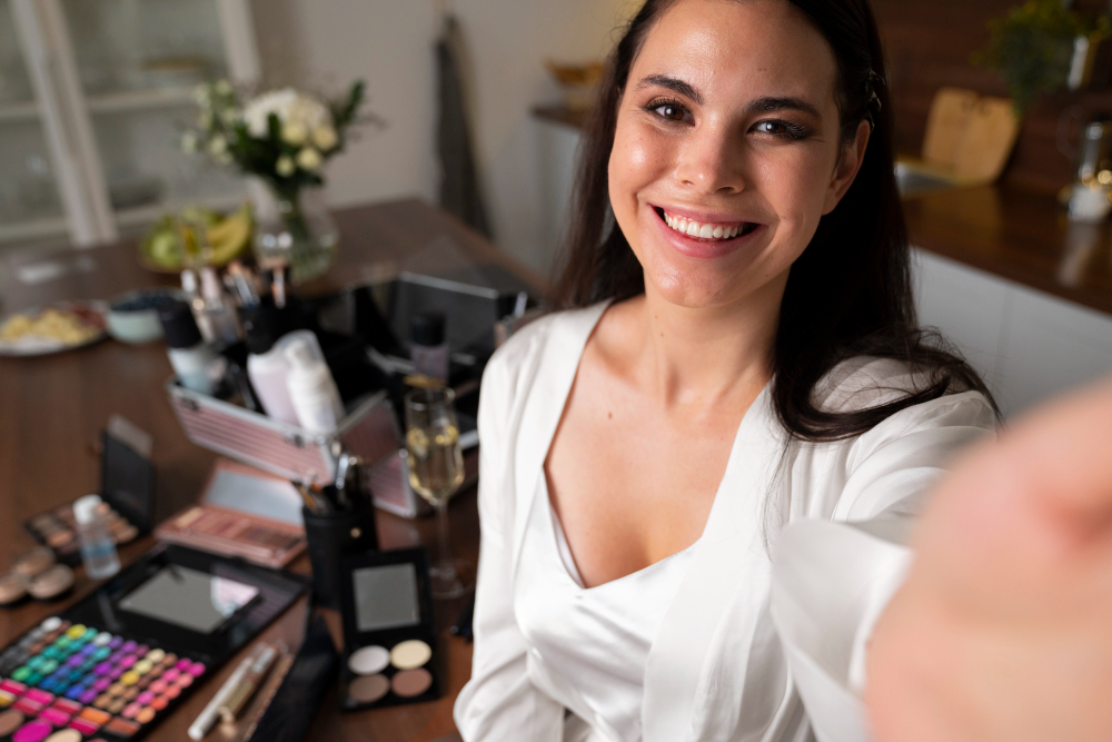 Paleta de sombras de ojos con tonos rosados y morados